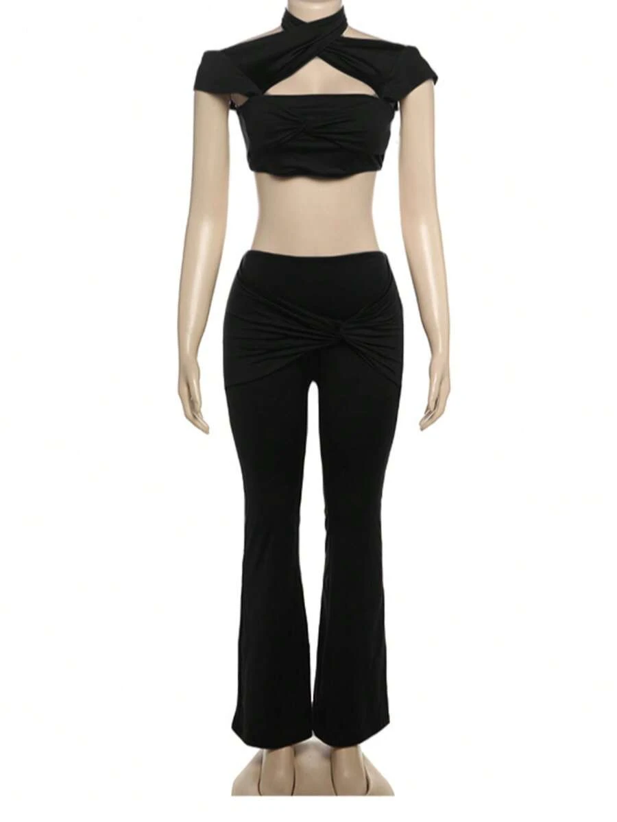 Street Sexy Crop Top With Skinny Waist Solid Color Wide Leg Pants 2 Pieces Set - Black - View 1