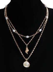 3pcs European Style Multi-Layer Faux Pearl & Shell Pendant Necklace, Bohemian Metal Snake Chain Necklace For Women, Versatile Layered Choker Necklace Suitable For Beach And Vacation Wear