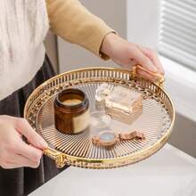 1pc Elegant Gold Handle Plastic Tray, Multipurpose For Food, Breakfast, Cakes, Fruits, Cupcakes Display, Suitable For Wedding Party Supplies And Kitchen Essentials, Cupcake Stand, Cake Display Tray - Multicolor - View 3