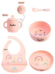 Juego de 5 piezas de vajilla infantil personalizada con estampado a pedido, con diseños lindos de gato arcoíris y dinosaurio. Incluye baberos impermeables, taza, plato, bol y cuchara suave para alimentación y entrenamiento de infantes. - Multicolor - Ver 6