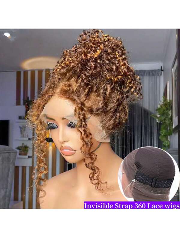 ZHENDEFA Hidden Strap Jerry Curly 360 Glueless Wigs Human Hair Pre Plucked 4/27 Human Hair Wig With Drawstring HD Full Lace Front Wigs Highlight Color