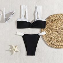 2 件套女士性感撞色可调节肩带可拆卸罩杯棉质胸罩和超高腰内裤套装 - 彩色 - 查看 5