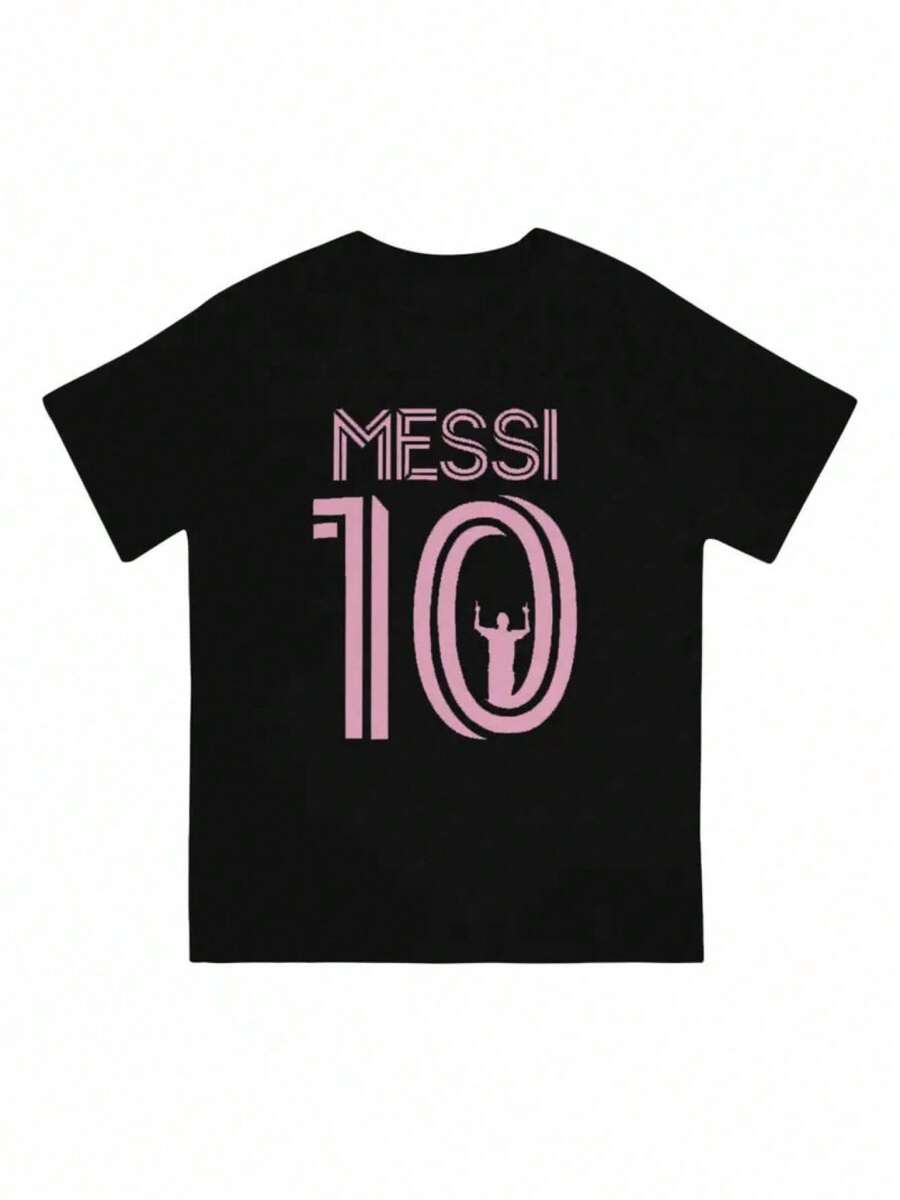 [1pc Messi Graphic Print T-Shirt] Messi 10 Graphic Print T-Shirt, 100% Cotton, Crew Neck, Slight Stretch, Regular Fit, Knit Fabric, 220g, For Men And Women, All-Season Basic Tee - Black - View 1