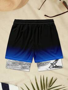 男士海滩度假双层夏威夷印花短裤