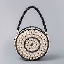 ENSPT Ein Stück braune, gefranste Beutelhandtasche, mit Kordelzug verschlossener gewebter Tasche mit Gras-Muster, Strandtasche für den Urlaub, eine runde Tasche aus kontrastierendem Ahornholz-Material mit abnehmbarer Innentasche, geeignet für Damen am Strand und im Resort, Perlenhandtasche, passend für Damen auf Strand- und Resort-Reisen