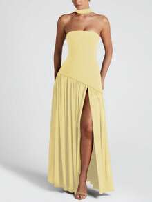 女士优雅性感纯色开衩性感派对假日度假长款黄色无肩带连衣裙