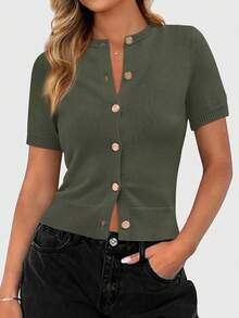 Womens Casual Summer Short Sleeve Cardigans Button Down Knitted Sweater Basic Crew Neck Crop Tops - xanh quân đội - Xem 1