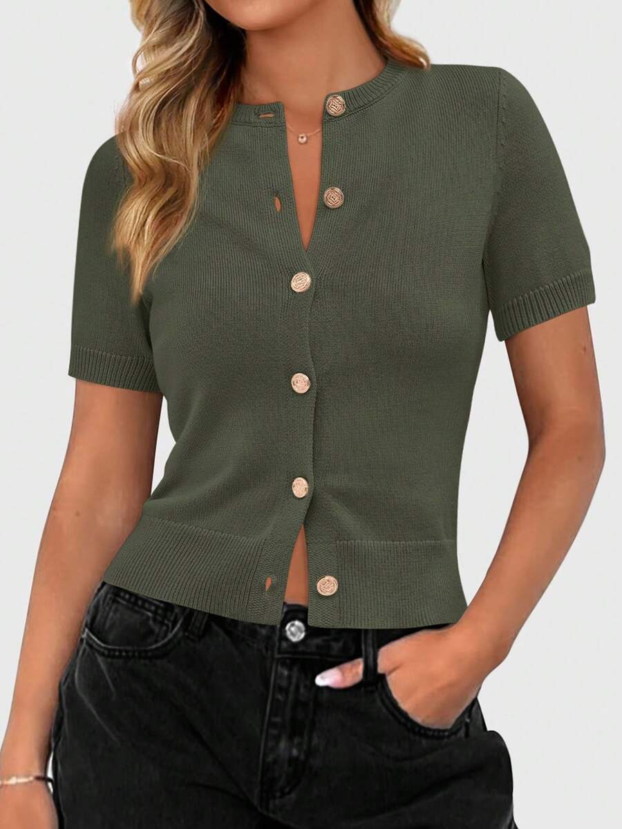 Womens Casual Summer Short Sleeve Cardigans Button Down Knitted Sweater Basic Crew Neck Crop Tops - xanh quân đội - Xem 1