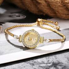 1 Stück Uhr mit Strass, goldfarbenes/silberfarbenes rundes Zifferblatt, Quarzuhrwerk, verstellbares Armband, raffinierte Party-/Geschenkuhr