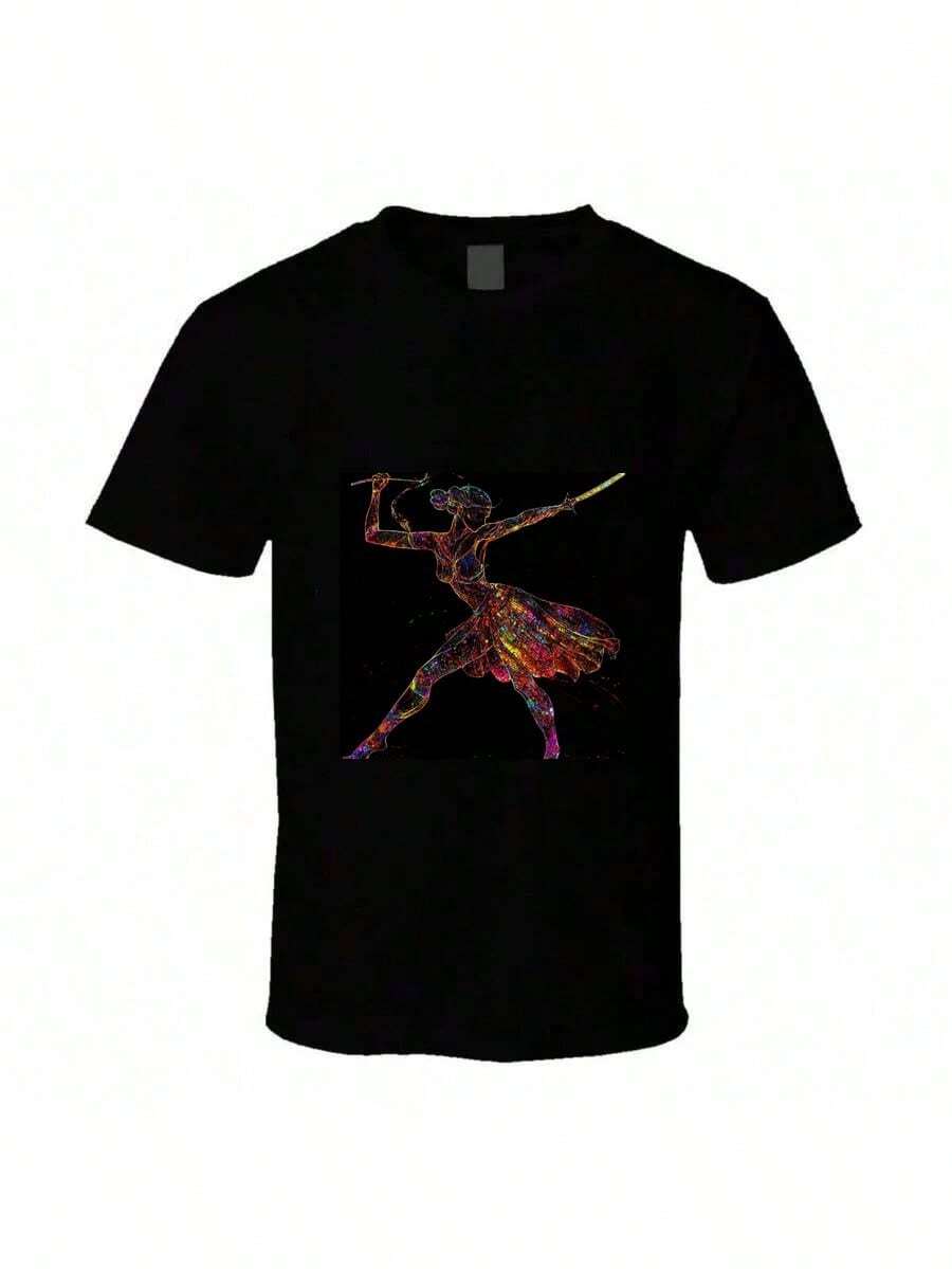 Camiseta de hombre de algodón popular con silueta de bailarín a color con un bastón. - Negro - Ver 1