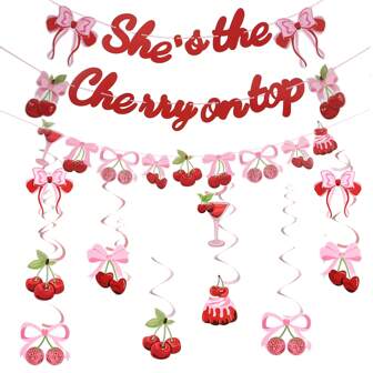 Decoraciones de fiesta de cumpleaños con tema de cerezas, pancarta "Ella es la cereza en la parte superior"/Banner de cerezas lindas/Remolinos colgantes para baby shower, boda, despedida de soltera, fiestas de verano