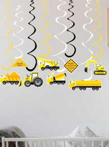 1set/8pcs,16pcs- Dinosaur Spiral Construction Theme Cartoon Engineering Vehicle Spiral Charm Engineering Car Birthday Party Decoration Spiral PendantFamily Party Wall Layout Theme Ceiling Decoration Yellow ExcavatorPendant Home Room Decor