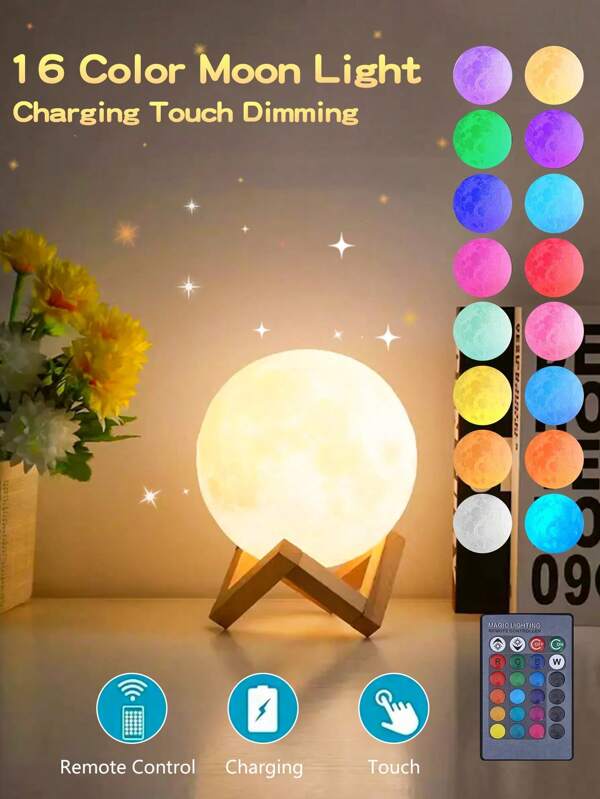 1pc 16-Color 3D Moon Lamp, USB Rechargeable Moon Light, Touch Bedroom Bedside Charging Desk Lamp, Remote Control With Stand, Romantic Small Night Light, Great Gift For Friends And Lovers