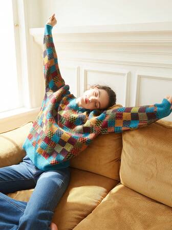 Knit Mix 优雅女士时尚格子针织毛衣，宽松圆领长袖套头衫，适合圣诞节、感恩节、新年、休闲场合穿着，随机图案设计，也适合返校季和秋冬季节穿着。