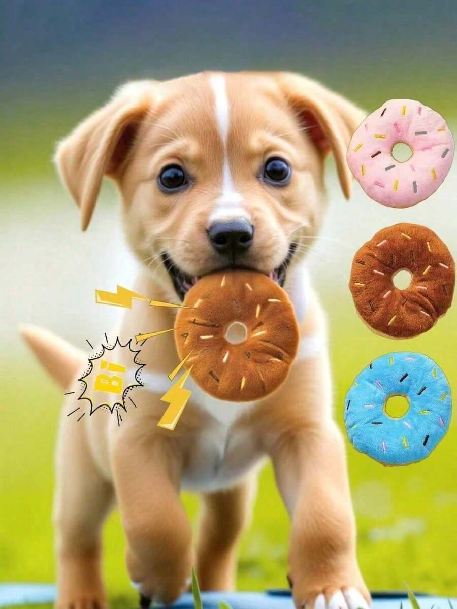 Pet Plush Sound Cat And Dog Toys Cartoon Round Plush Creative Donut Plush Toy, Puppy Teeth Grinding Toy, Suitable For Small Dogs And Various Cats To Keep Them Busy(For Pets Only)