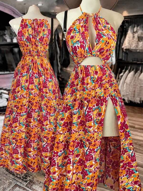 Ditsy Floral Sleeveless Halter Neck Hollow Out Slit Maxi Dress Vacation Beach Elegant Dress For Women, Spring/Summer