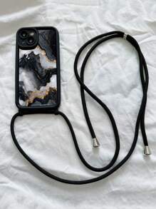 Marble Painted Simple Recessed Black Shoulder Strap Lanyard Phone Case Fit For IPhone16/IPhone15/XR/IPhone16PROMAX/7p8p/P12promax/P13promax/P14PROMAX/P13/P14/P11/P12/P14 Cute Fashionable Thick Protective Cover For XS/S/XSMAX/78GES2, A03s,A03core,A04,A12,A13,A14,A21s,A22,A23,A24,A32,A33a34,A5 A51A52,A53,A54