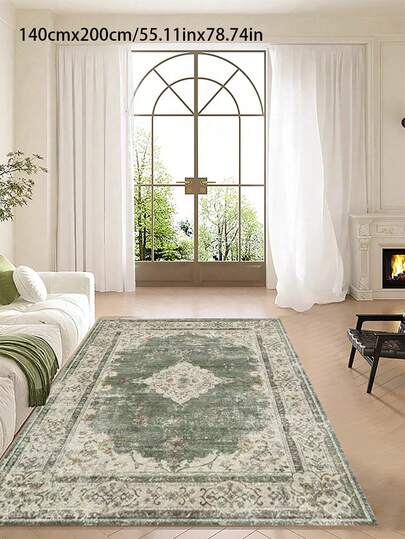 1pc Vintage American Distressed Low Pile Faux Wool Area Rug, Machine Washable, Available In Multiple Sizes, Suitable For Living Room, Bedroom, Entryway, All Season Carpet