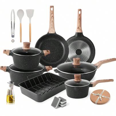  RIOVARM Induction Pots And Pans Set With Lids Nonstick Cookware Set With Granite Coating Pans With Wood Grain Handle Frying Pan Saucepan Casserole Omelete Pan