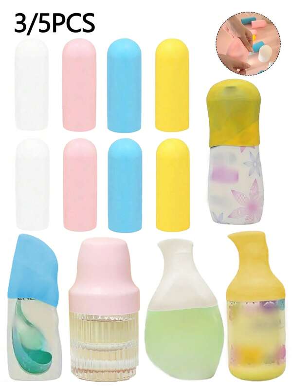 3/5 Packs Silicone Travel Bottle Leak-Proof Protective Cover, Secure Fit Design, Leak-Proof, Cruise Essentials, Travel Accessories Luggage, Travel Essential Silicone Bottle Cover, Suitable For Most Travel-Sized Bottles, Toiletries, Cosmetics And Hand Sanitizer Washing Bag Storage Bags (Blue, Pink, Yellow, White) Random Colors.
