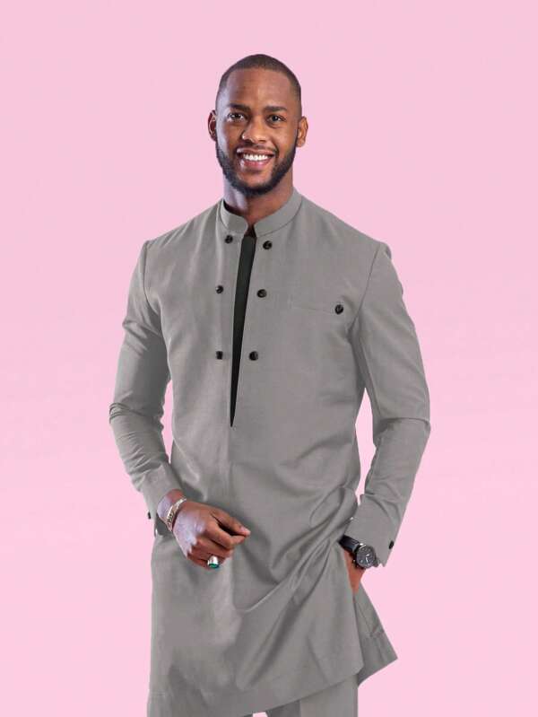 2 Stücke/Set Herren weißer Dashiki Anzug, doppelreihige Verzierung, V-förmiger Kontrastspleiß, Rundhalsausschnitt, Langarm, Schlitzsaum, Hose mit elastischem Bund, afrikanische Kleidung, Herren Lässig Hemd & Hose Set, Neuankömmling, Streetwear, Party, Date, Hochzeit, kulturelle Veranstaltungen, traditionelle Zeremonien