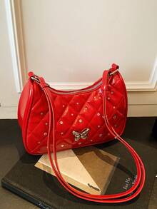 1 Pc New Pu Material Girl's Diamond-Shaped Butterfly Rhinestone Decorated Solid Color Shoulder Bag, With Adjustable Shoulder Strap And Smooth Zipper Opening And Closing, Fashionable, Exquisite, Simple And Beautiful, Suitable For Daily Shopping, Commuting And Vacation - A - View 4