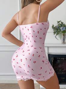 Women's Pink Pajamas, Sweet Girl V-Neck,Spaghetti Strap Slip Dress, Cherry Print,Cute Sleep Dress,Side Slit Lace Splicing,Bow Decoration,Backless,Hip-Hugging Sexy Cami Dress,Lounge Sleeping Skirt ﻿,Sexy Lingerie Dress ﻿ ﻿