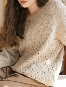 Knit Mix Áo len dệt kim mùa thu/đông, kiểu Pháp, cổ tròn tay dài, màu trơn, dáng rộng, dáng suông, dành cho nữ (Họa tiết ngẫu nhiên) - Cà phê nâu - Xem 4