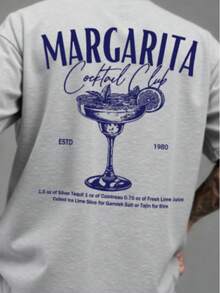 Cotton fried flower T-shirt, margarita print, ribbed collision collegiate style spring and summer new sports men's clothing, soft and breathable men's light grey short-sleeved tops