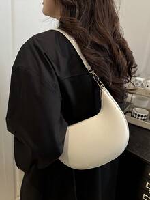 1pc Zipper Closure PU Solid Color Crescent Moon Shaped Shoulder Bag, Fashion Vintage Style For Office Lady Daily Work Use - Beige - View 5