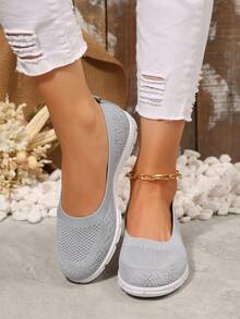 秋冬休闲刺绣透气一脚蹬乐福鞋，新款夏季休闲圆头棕色休闲步行鞋，时尚百搭舒适轻便帆布鞋，女士运动鞋 - 淺灰色 - 查看 5