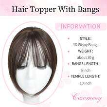 Cesomeey Hair Topper Clip In Bangs, 360° 3D Cover Hair Toppers For Women With Thinning Hair, Upgrade Hair Topper With Bangs Clip On, 10 Inch Straight Hairs Pieces For Women Daily Wear, Hair Extensions For Women - 6Q#-Chestnut Brown - 查看 2