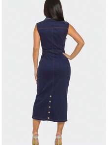 Studded Out Denim Sleeveless Midi Dress  Plain    Casual    Zipper  Pocket  Button    Office  Beach - 海軍 - 查看 7