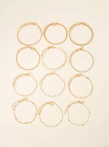 16/12pcs Set Minimalist Heart Faux Pearl Rhinestone Snake Chain Bracelet Set For Women, Suitable For Date, Vacation, Gift, Daily Matching, Party Outfit