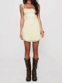 Elegant Fashion Ruffle Strap Bow Design Lace Patchwork Sleeveless Slim Fit Mini Dress