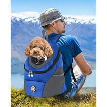 Rucsac pentru transportul câinilor, rucsac respirabil pentru câini cu bretele reglabile, buzunare laterale, rucsacuri pentru capul afară al câinelui cu curea, transport față și spate pentru căței pentru câini mici și pisici cu curea pentru călătorii, drumeții, ciclism, utilizare în aer liber - Albastru - Vizualizare 7