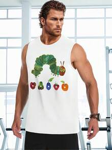 1pcs Hungry Caterpillar Printed Men's Tank Top Summer Casual Tank Top 100% Pure Cotton Ideal Choice For Summer Vacation - 白色 - 查看 2