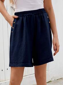 Plus Size Women Button Embellished Solid Color Casual Shorts - Navy Blue - View 2