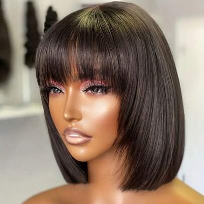 Brazilian Human Hair Wig With Bangs Remy Straight Bob Wigs Full Machine Made Wig For Women 8-14 Inches Non Lace Bob Wigs 200% Density Glueless Wigs