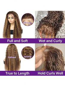 ZHENDEFA Wig mit verdecktem Träger, Jerry-Locken 360 Grad Vollspitzenperücke aus Echthaar ohne Klebstoff, vorgerupft, 4/27 Farbton, Echthaar-Perücke mit Ziehband und HD Vollspitzenfront Perücke mit Highlights