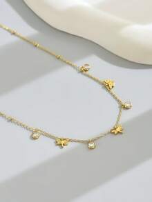 1 件女士不锈钢金色蜻蜓配圆形锆石串珠项链，时尚珠宝，18K 镀金，节日礼物