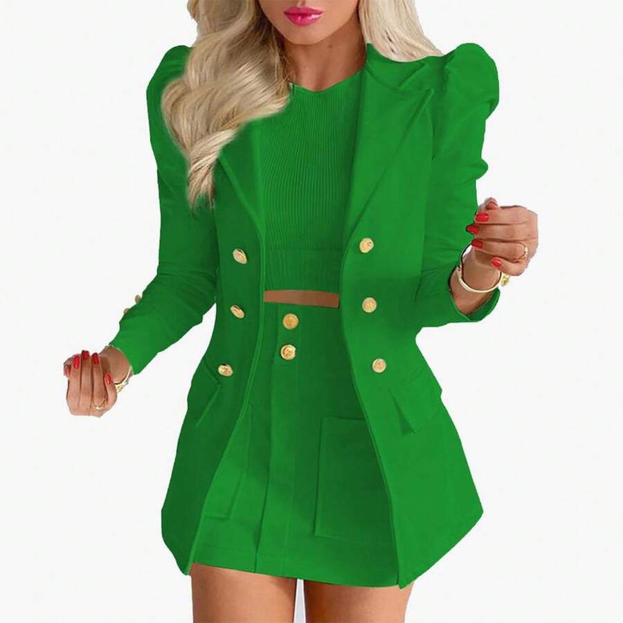 Women's Clothing Fashion Temperament Printed Princess Sleeve Short Skirt Suit Professional Wear Women's Two-Piece Suit Womenswear Gamis Comfort Basic - Dark Green - View 1