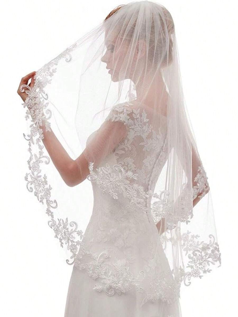 Short Wedding Veil With Comb - 2 Tier Bridal Veil, 24" Length Tulle Bride Accessories For Women - Ivory - 查看 1