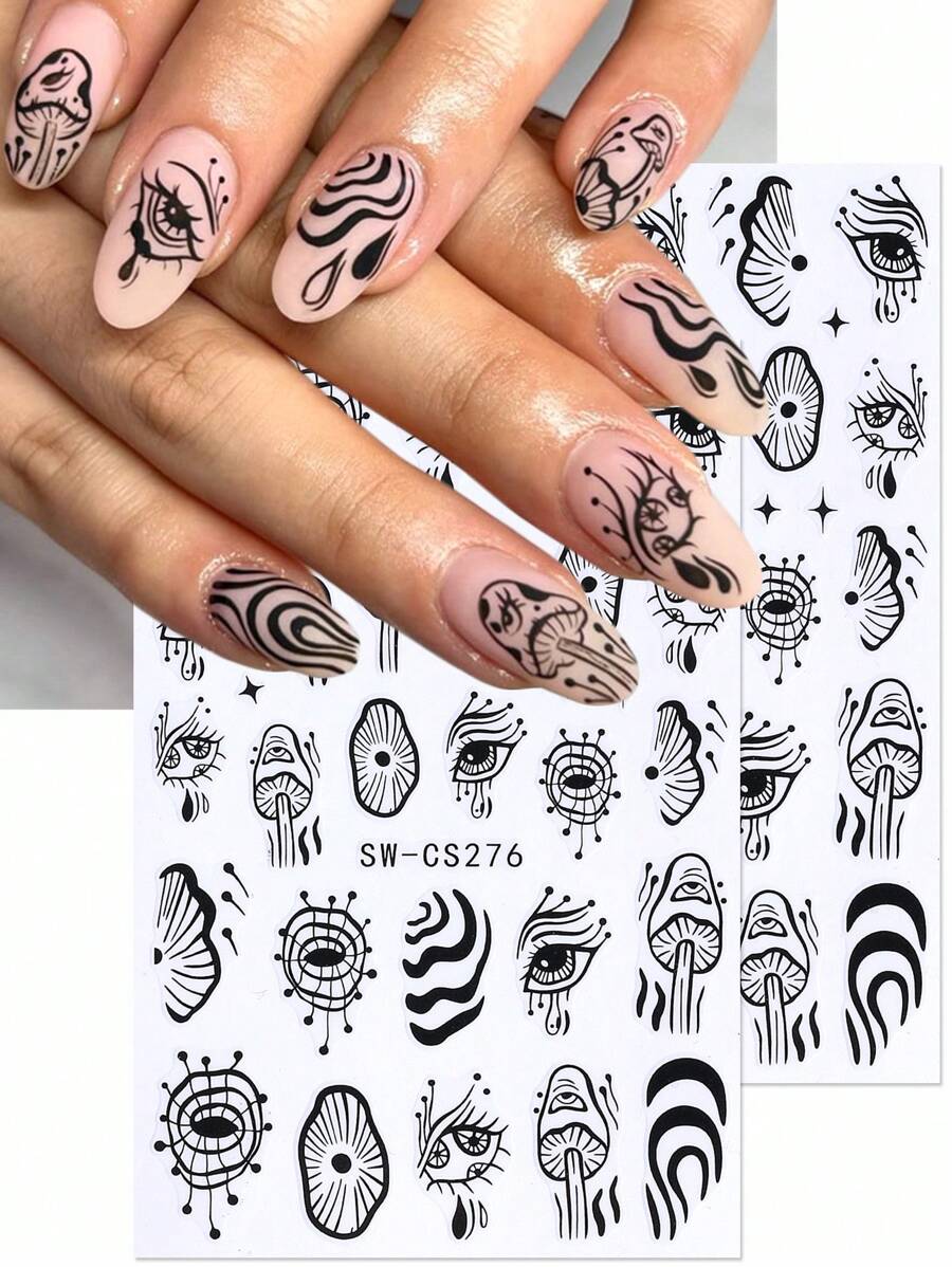 Pegatinas para uñas de diseño de Halloween en 3D, 2 piezas, con diseños de dibujos animados, líneas irregulares de grafiti, setas, ojo maligno, lágrimas del diablo, estrellas, para decoración de manicura y uñas para salón, accesorios DIY Y2K de otoño e invierno