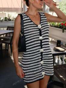Women's Dresses Women's Summer Dresses Women's Tank Top Women's Elegant Vacation Wear Women's Beachwear Women's Black Dresses Black And White Stripes Clashing Color Stereoscopic White Roses Spring/Summer Fashion Elegant And Comfortable Casual Vacation Traveling Party Women's Knowledgeable Slimming Hollow Semi-Transparent V-Neck Sleeveless Short Dresses Women's Knitted Dresses