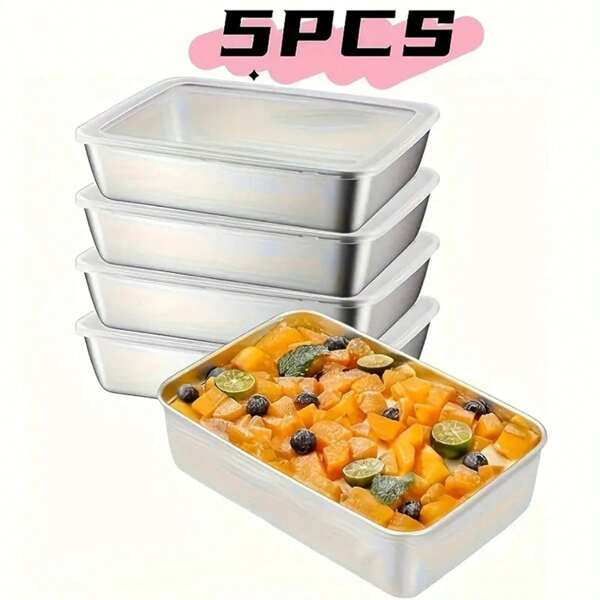 5-Piece Stainless Steel Food Storage Containers With Clear Lids - Large Square Containers, Ideal For Meat, Fruits And Vegetables - Perfect For Camping, Outdoor And Home Use, Stackable Kitchen Storage Boxes, Ideal Christmas Or Thanksgiving Gift