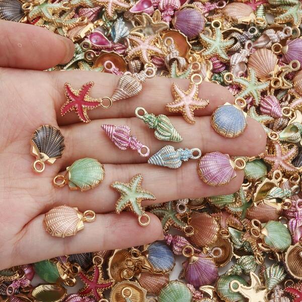 15/30 piezas surtidas de colgantes de aleación de zinc con forma de estrella de mar, concha y concha de estilo 3D, aptos para pulseras, collares, llaveros y accesorios de joyería de estilo bohemio