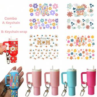 4 In 1- 4pcs Mini Tumbler Keychain Set With 4pcs UV DTF Flower Print Transfer Stickers - "Mom" Design, Perfect For Backpacks, Doors, And Car Keys - Ideal DIY Craft Kit And Father'S Day Gift, Car Key Decoration|Playful Design|Glossy Finish, Keychain Decorations