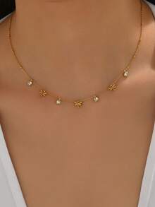 1 件女士不锈钢金色蜻蜓配圆形锆石串珠项链，时尚珠宝，18K 镀金，节日礼物