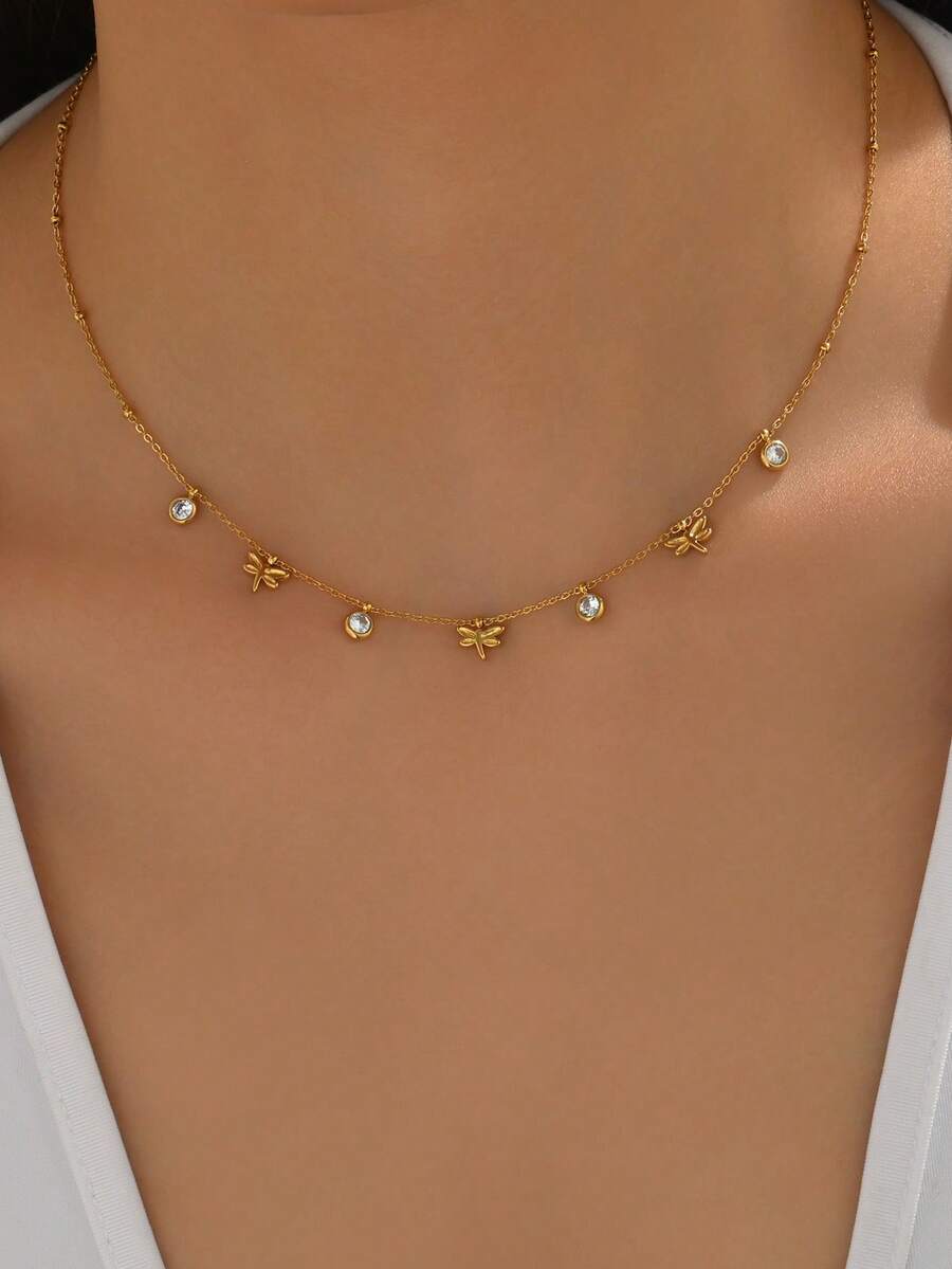 1 件女士不锈钢金色蜻蜓配圆形锆石串珠项链，时尚珠宝，18K 镀金，节日礼物
